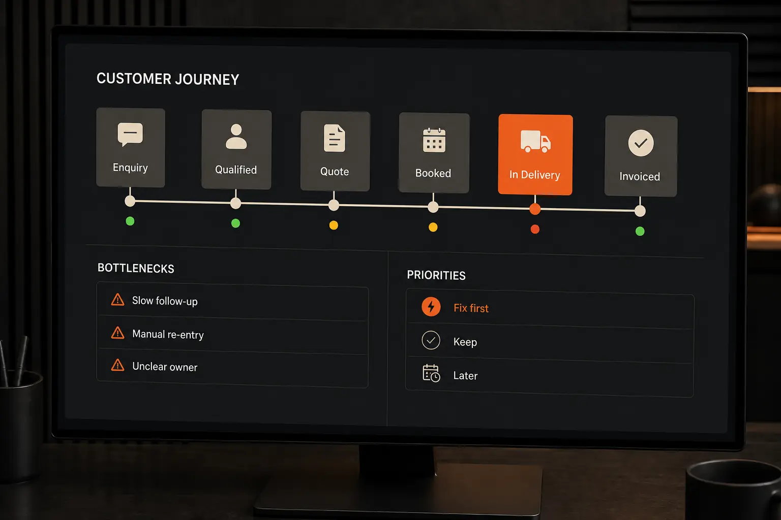 Operations review workspace mapping a customer journey, bottlenecks and change priorities