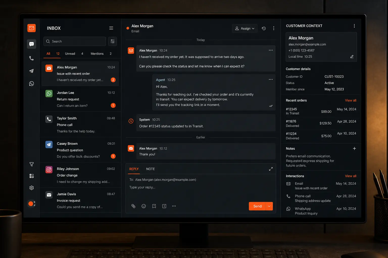 Central customer communications workspace connected to operational context